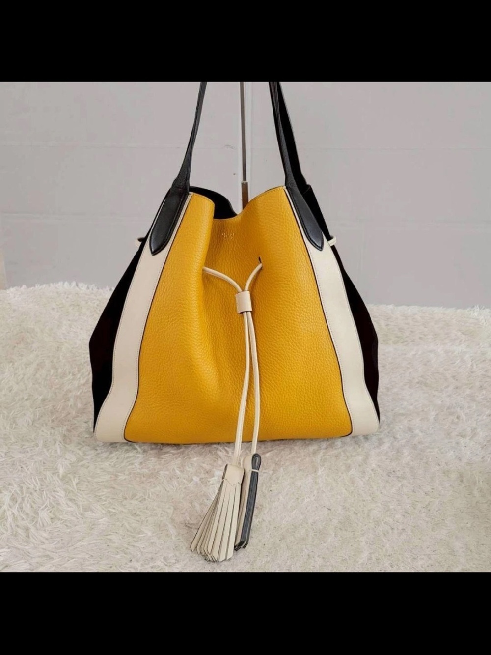 Mulberry Yellow, Black & Cream Pebbled Leather Drawstring Tote with Pouch - Picture 3 of 12